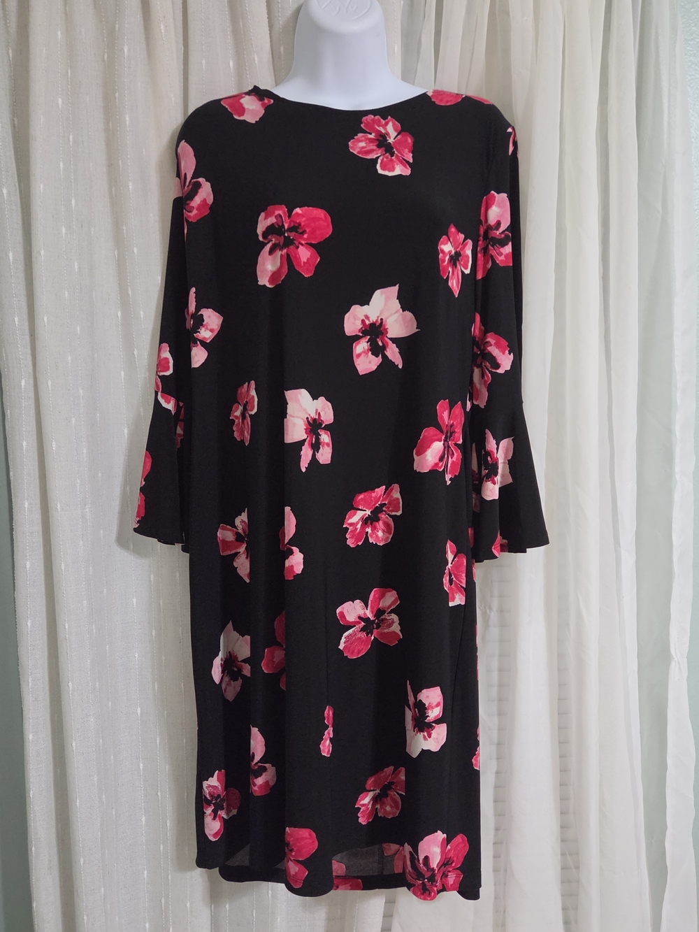 Tommy Hilfiger Black Long Sleeve Shift Dress with Pink Floral Print